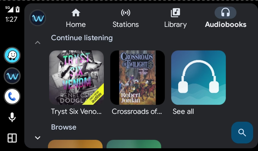 liquidWave in Android Auto: the Audiobooks tab, books in progress as one row of covers