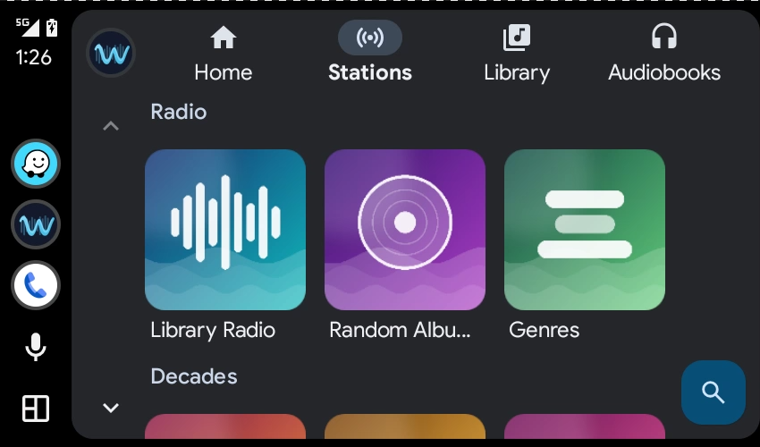 liquidWave in Android Auto: the Stations tab, with a tile for every decade
